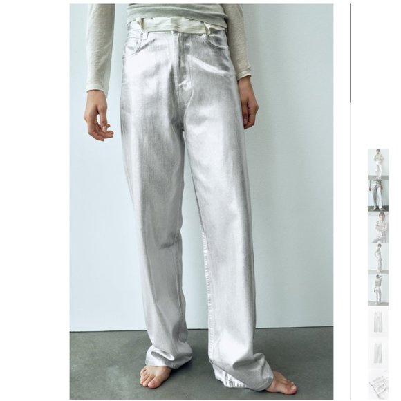 NWT ZARA METALLIC HIGH RISE JEANS WHITE - Picture 5 of 8